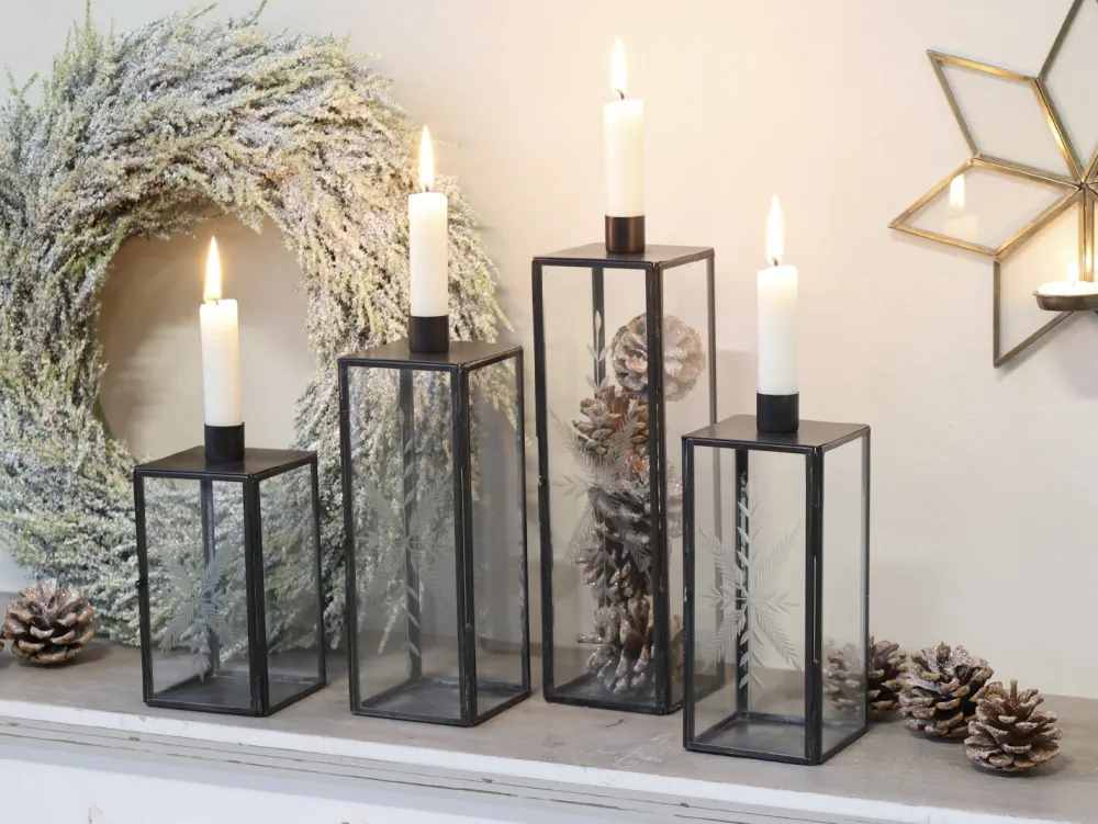 Chic Antique Weihnachtsdeko|Kerzenhalter Für Stabkerzen-Kerzenständer Glas und Metall mit Schliff
