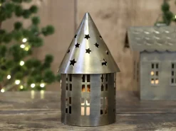 Chic Antique Lichthäuser, Keramik-Häuschen|Teelichthalter-Lichthaus aus Metall, rund