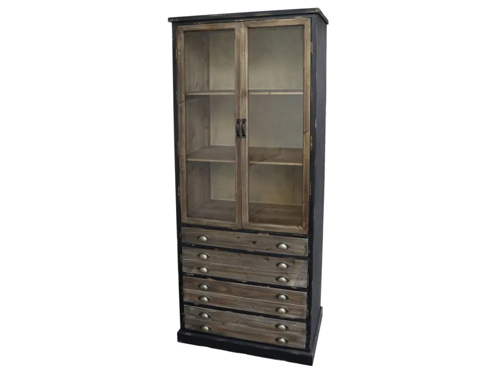 Chic Antique Schränke-Vitrinenschrank mit Glastüren und 4 länglichen Schubladen