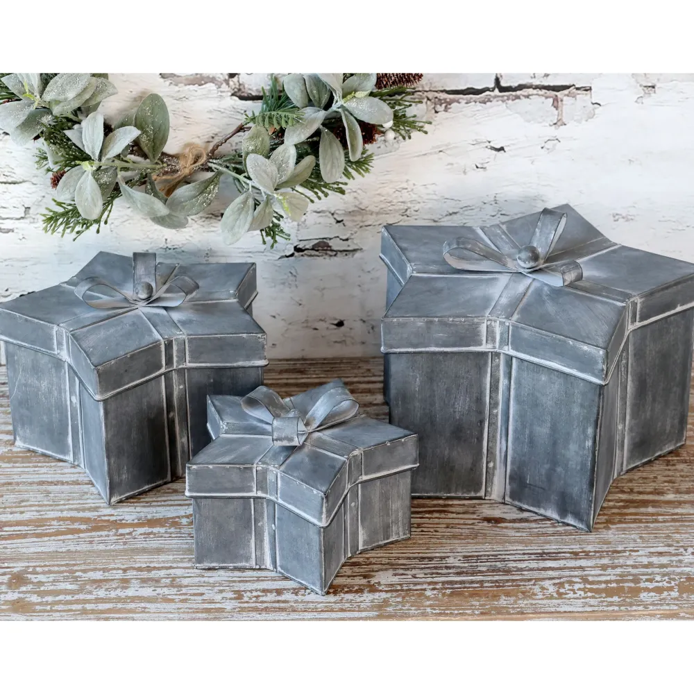 Chic Antique Weihnachtsdeko|Kisten & Boxen-Winterliches Geschenkbox 3er-Set mit Schleife