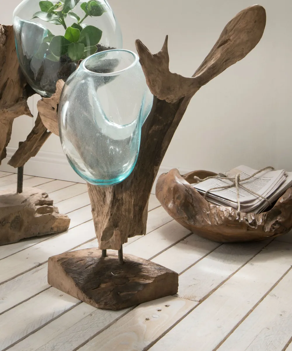 Faktorei Vasen-Deko-Wurzel mit Glasvase in Tropfenform Teak-Holz