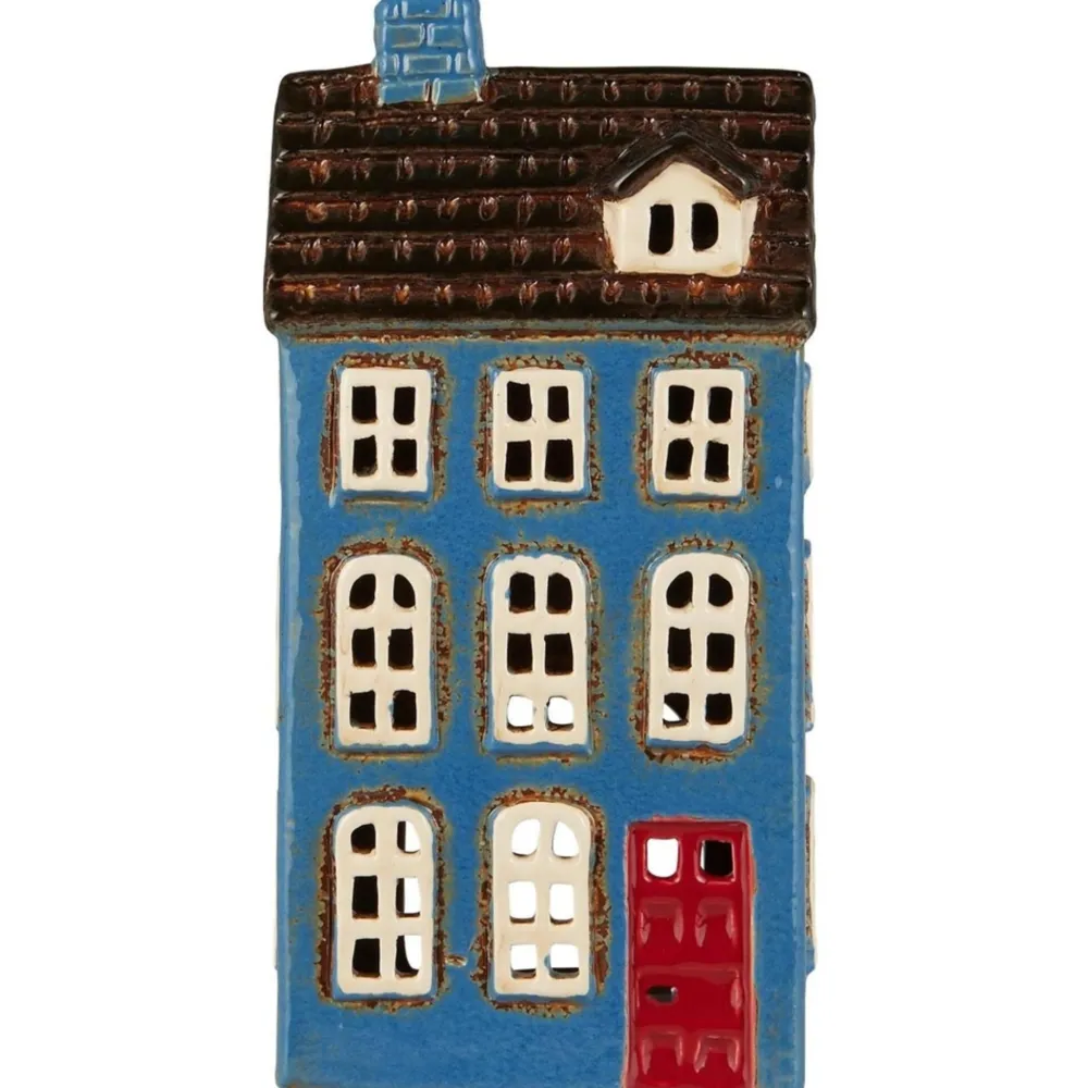 IB Laursen Lichthäuser, Keramik-Häuschen-Keramikhaus Teelicht My Home Town blau mit roter Tür